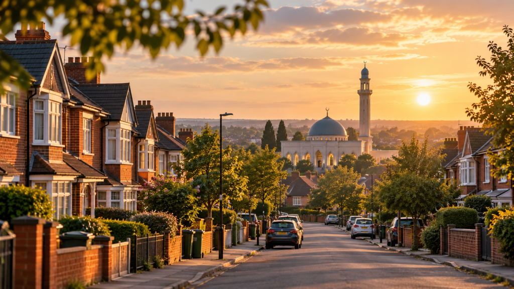 Residential street leading towards a mosque at sunset, representing Muslim community connections and marriage introductions.